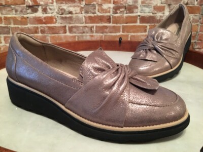 Clarks Pewter Leather Sharon Dasher Knotted Detail Slip-on Loafers Flats  New