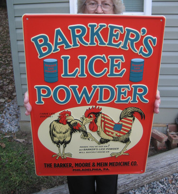 Barker's Chicken & Poultry Lice Powder Metal Advertising Farm Feed & Seed Sign