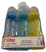 Nuby Standard Neck Bottles 3 M pack 8oz Med Flow Yellow, Blue, Green New