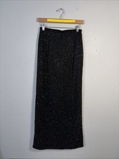 Vintage Cache Y2K 100 Silk Black Beaded Sparkly Maxi Skirt Slit Sz 6 k59m23u