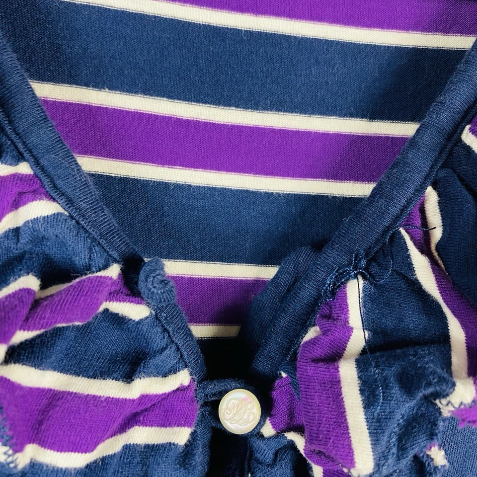 Ralph Lauren Size XL 16 Striped Ruffle Neck Cap Sleeve Dress Purple Navy Blue - Image 4 of 4