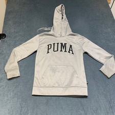 Puma Hoodie Boys Large 14-16 Heather Gray Spellout Logo Kangaroo Pocket Pullover
