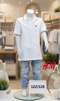 H&M Kinder Poloshirt - Gr. 122 / 128 - Kindermode Kinderbekleidung Mode - Weiß -