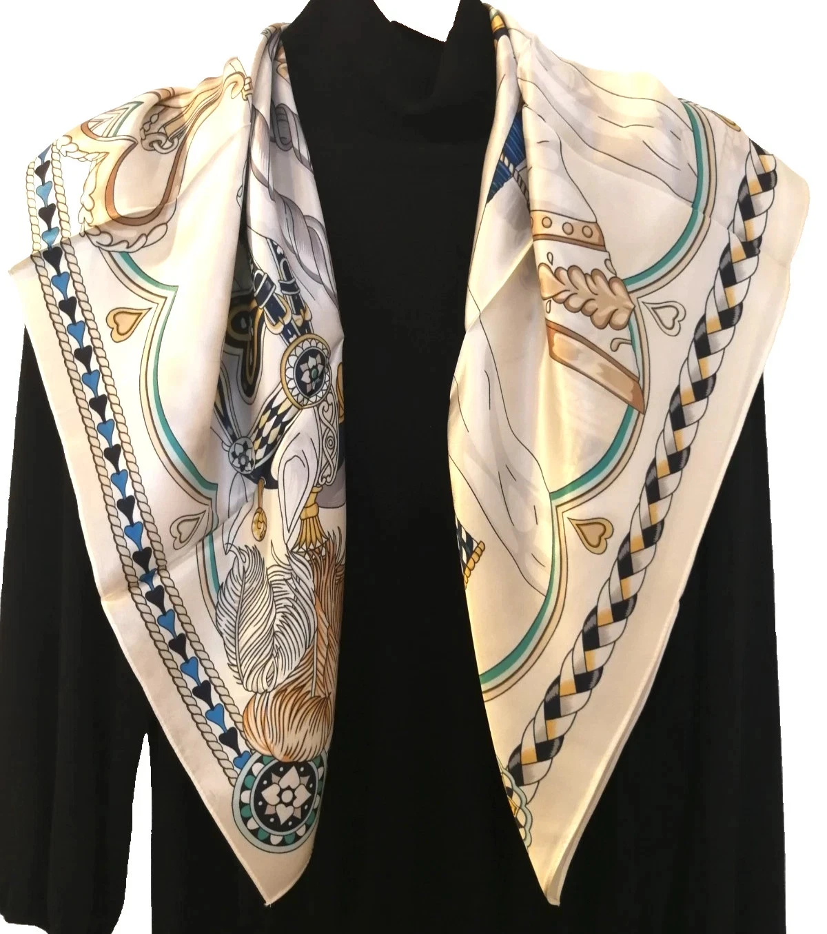 35"x35"White Heart Horses Print Pure Mulberry Satin Silk 14momme Scarf 88x88cm