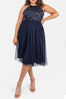 Maya Deluxe Navy Sequin Embellished Tulle Dress Plus Size 20 Party