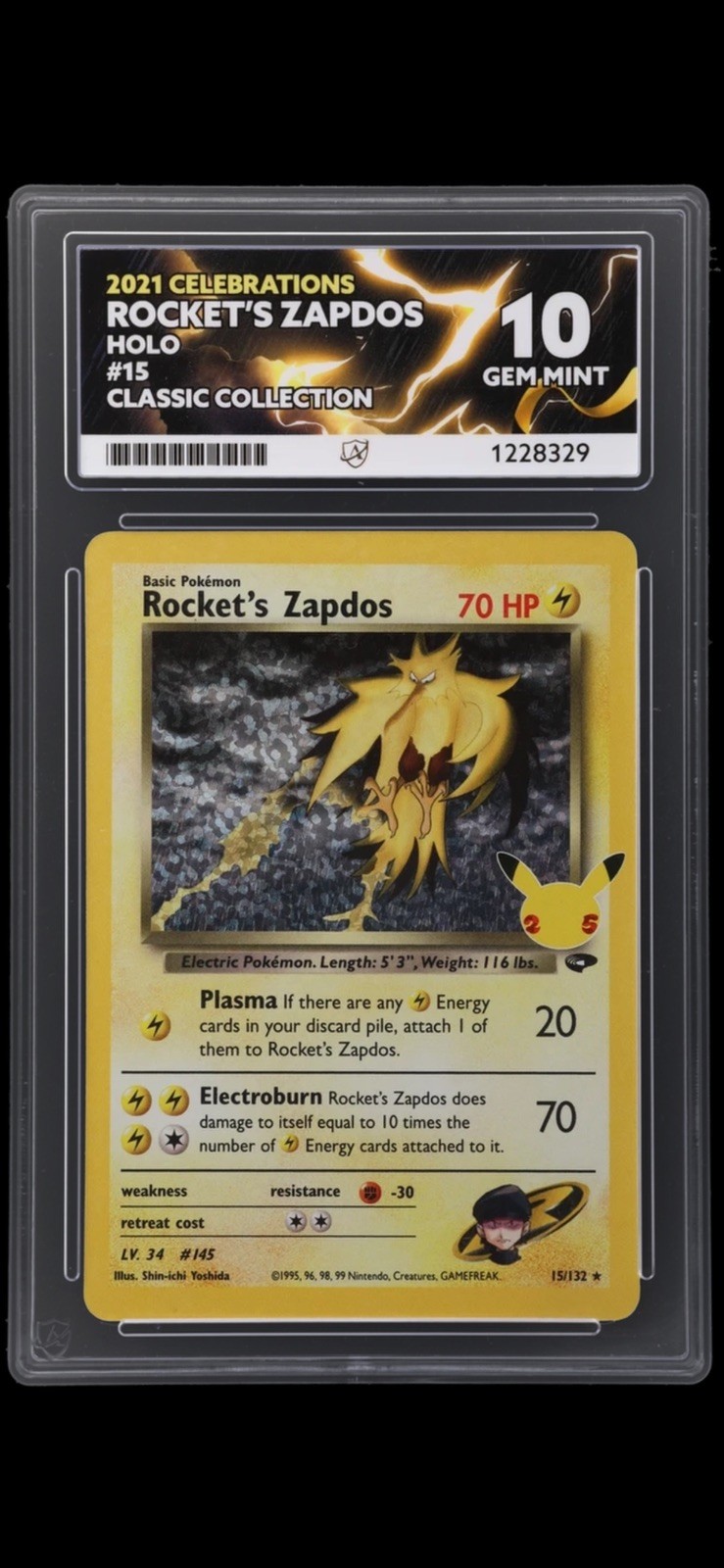 PSA 10 Rocket's Zapdos Holo 15 Celebrations Classic Collection Pokemon Card