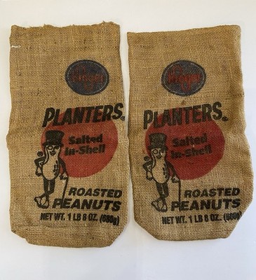 Vintage Kroger Planters Salted In-Shell Roasted Peanuts BURLAP BAG 24 oz. X 2