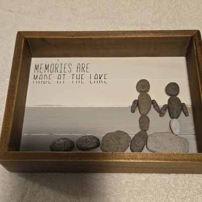 Young's Inc Framed Mixed Media Collage Stone Wood Lake Family Contemporary Art