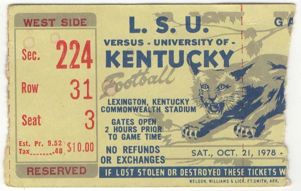 1978 KENTUCKY WILDCATS vs LSU TIGERS ticket stub 10/12/78 Louisiana State