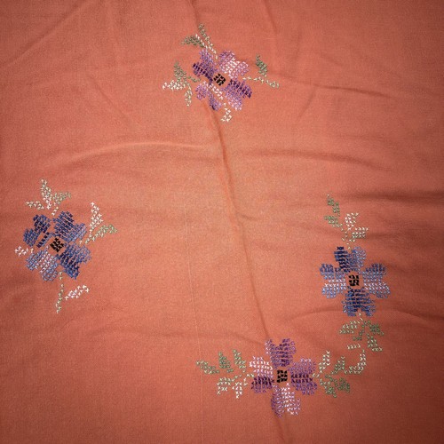 MCM Orange Vintage Cross Stitch Floral Table Cloth 47” x 50” Fringe Edge Charity - Picture 4 of 12