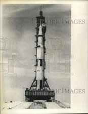1967 Press Photo Saturn V towers over Cape Kennedy launch pad - now36338