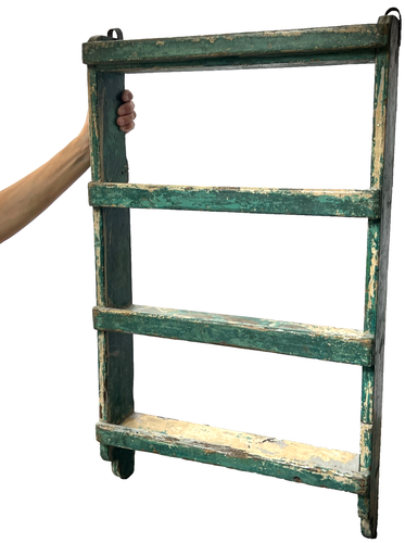 VINTAGE INDIAN SHELVING UNIT ART DECO DISTRESSED CAPPUCCINO GREEN & GREY TEAK - Picture 16 of 18