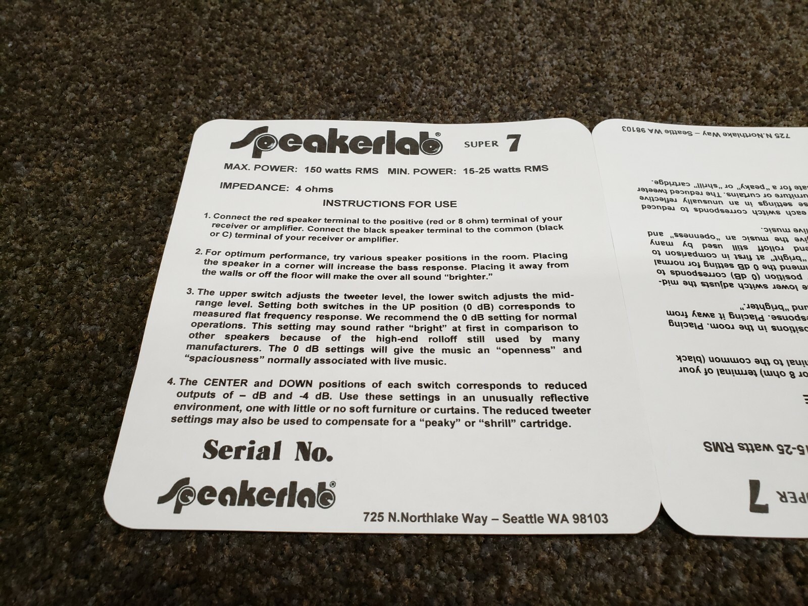 Speakerlab Super 7 Label Sticker For Model with Switches eBay