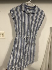 Japna Shirt Dress Women Small White & Blue Striped Short Collared Cotton Buttons