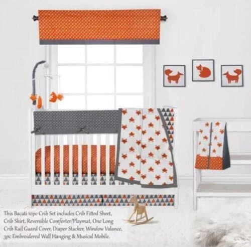 PLAYFUL FOX 10 PIECE BABY CRIB SET MOBILE SHEETS DIAPER HOLDER NEW Bacati