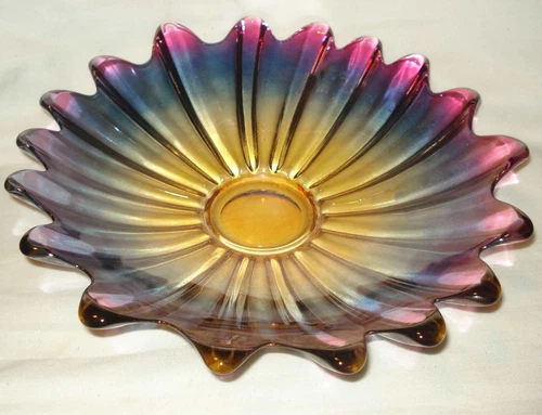 Vintage Federal Glass Celestial Moonglow Iridescent Starburst 11 ½” Ribbed Bowl