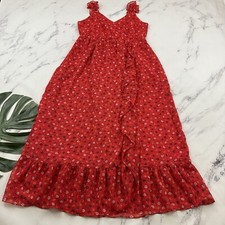 Madewell Ruffle Strap Wrap Dress Size 8 Red Metallic Floral Midi Prairie Posies