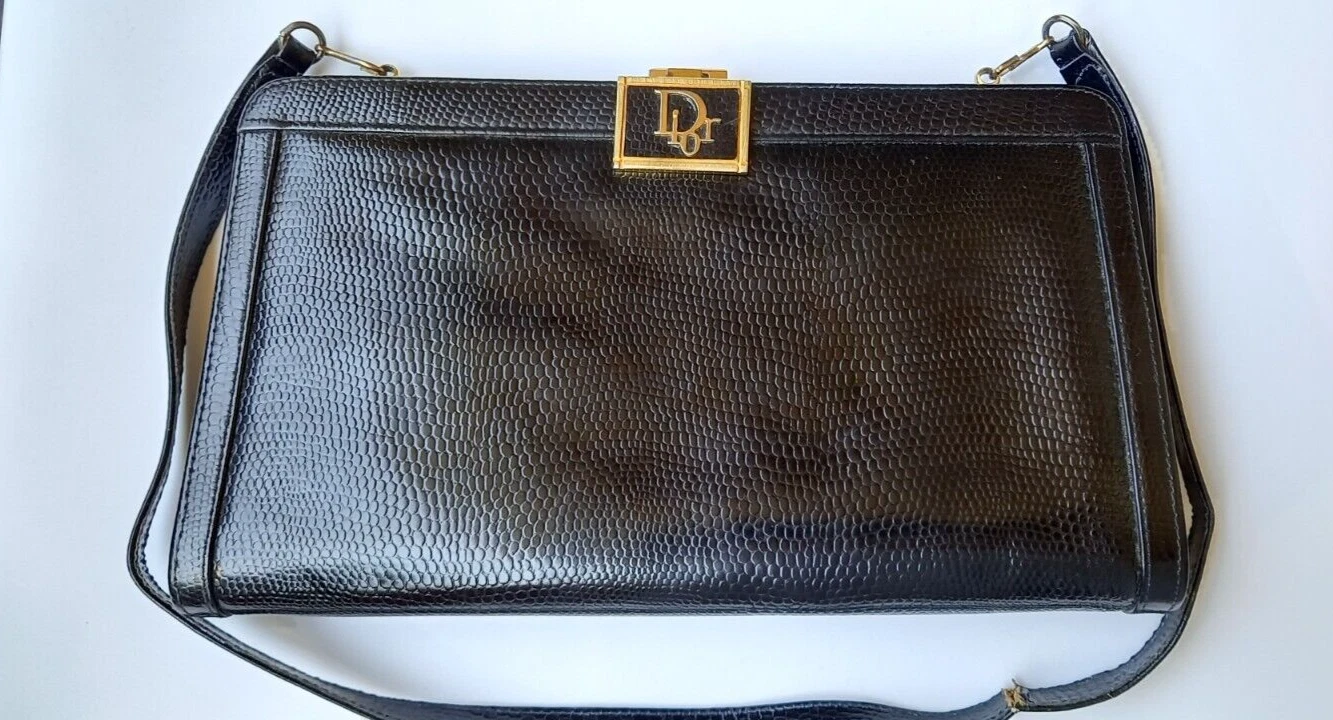 Sac bandoulière authentique femme lézard Christian Dior noir