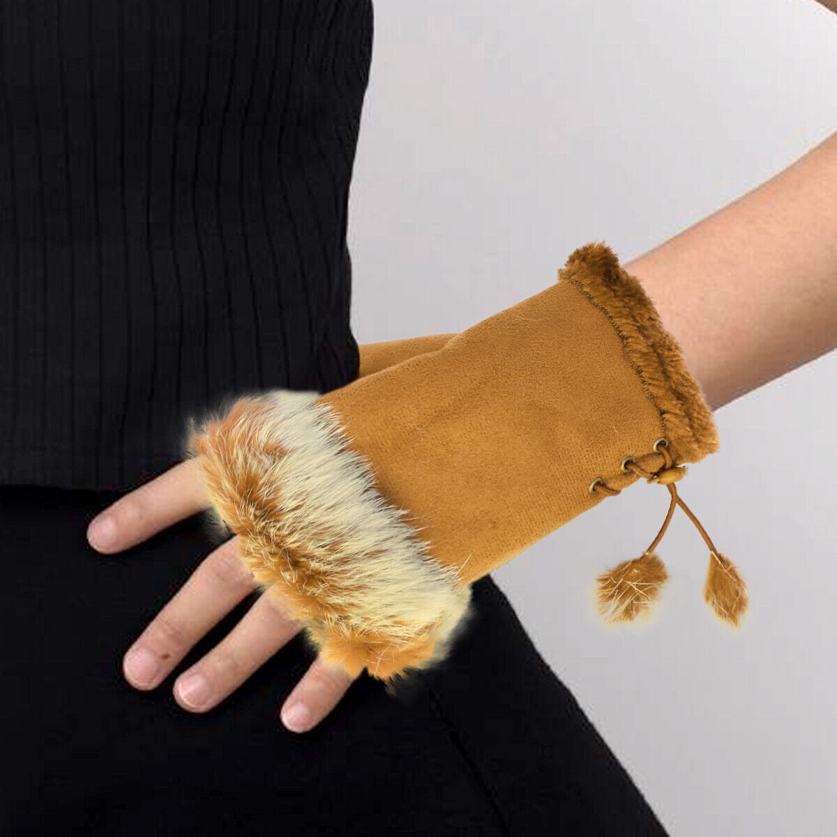 Women Winter Fingerless Gloves Soft Warm Faux Fur Lined UK