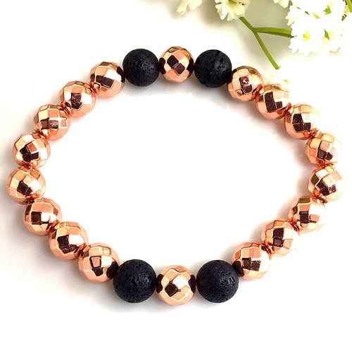 Rose gold hematite faceted and lava round beaded bracelet healing gemstone - Picture 2 of 7