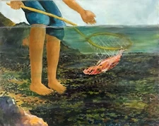 Coi Fish Pond Child with net Original Oil Painting 16x20 fully framed by artist