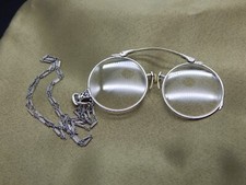 Antique 1/10 12 K White Gold Filled Pince Nez Folding Eyeglasses with Chain