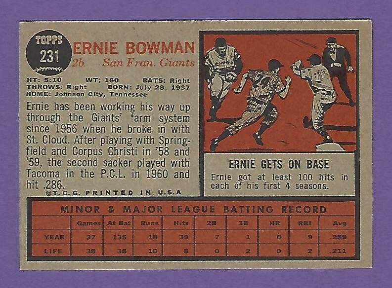 1962 Topps - #231 Ernie Bowman - San Francisco Giants - ExMt