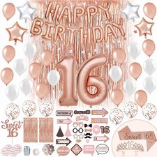 Sweet 16 Birthday Decorations Rose Gold With Sweet 16 Sash and Tiara Set 2Pcs...