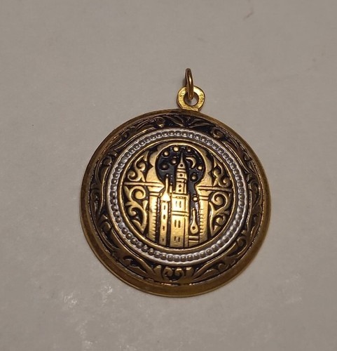 Pendentif Vintage Or De Tolède Minaret - Bijou Doré Et Noir Rond, Occasion