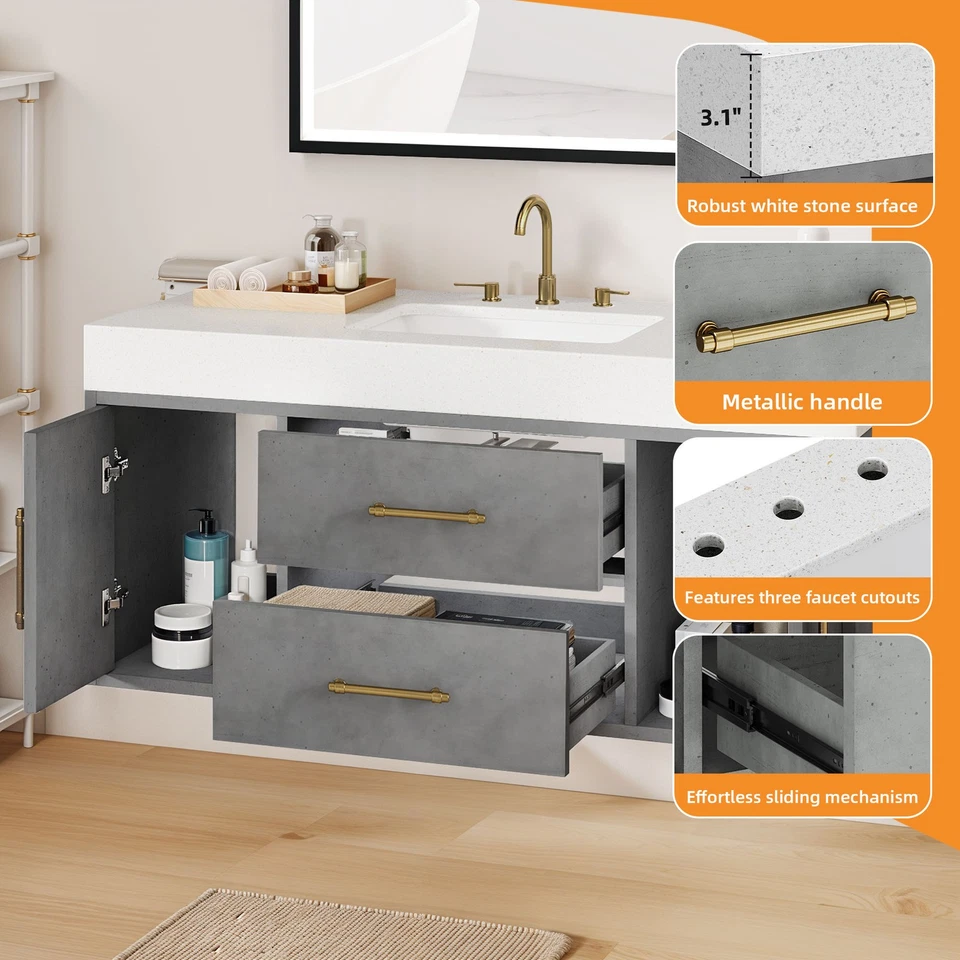 48英寸浮动浴室梳妆台带2个抽屉壁挂式储物柜 — 第 2/4 张图片