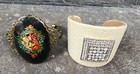 Vintage Russian Hand Painted Floral Brooch Black Lacquer Upcycled To Cuff Bracel — photo 6