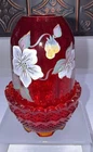 Fenton Red Ruby Floral GLOWS Glass Candle Holder Fairy Lamp painted by S Johnson