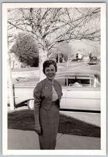 Vtg Snapshot Smiling Woman In Suit By Car 1950s