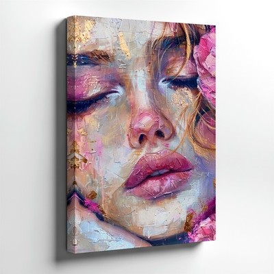 Wall Art Abstract Woman Face Canvas Print Pink Floral Portrait Gold Texture