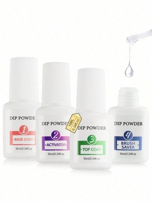 Clear Dip Powder System 4pcs 10ml Base Activator Top Coat Brush Saver
