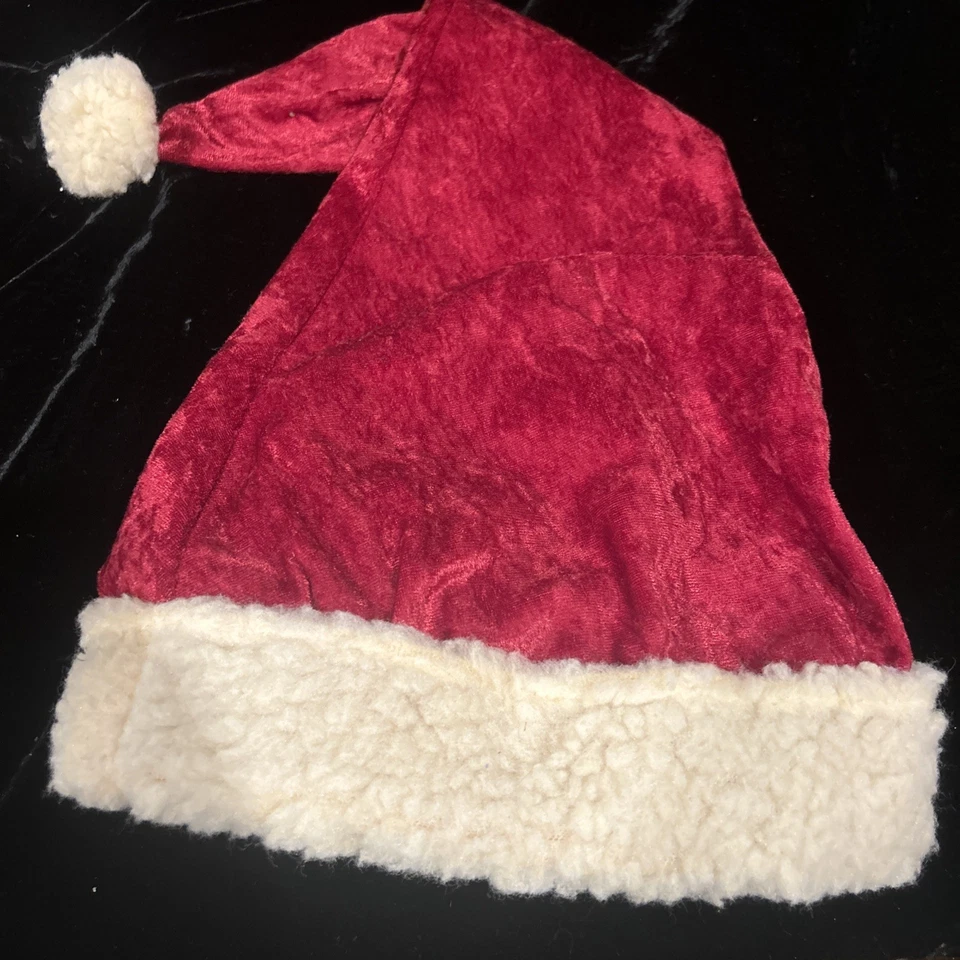Chapéu de Natal Hopeless romântico vermelho esmagado veludo Natal Papai Noel com acabamento em lã de cordeiro - Imagem 2 de 4