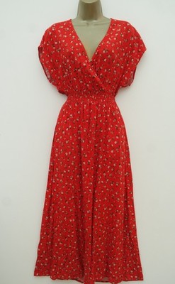 NEW LOOK ROT BLUMEN FIX WICKEL MIDI TEE SONNENKLEID GRÖSSE 10