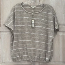 NWT Max Studio London Beige and White Stripe Top Elastic Drawstring Hem Size Med