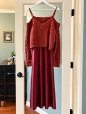 Mare Mare Anthropologie Sweater Slip Dress Size M Burgundy Rust Cold Shoulder