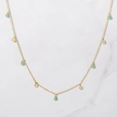 4 Kt Runde Moissanit Türkis Einfassung Set Station Halskette 14K Gelbgold über