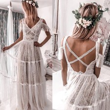 Boho A-Line Wedding Dresses Spaghetti Straps Backless Lace Applique Bridal Gowns