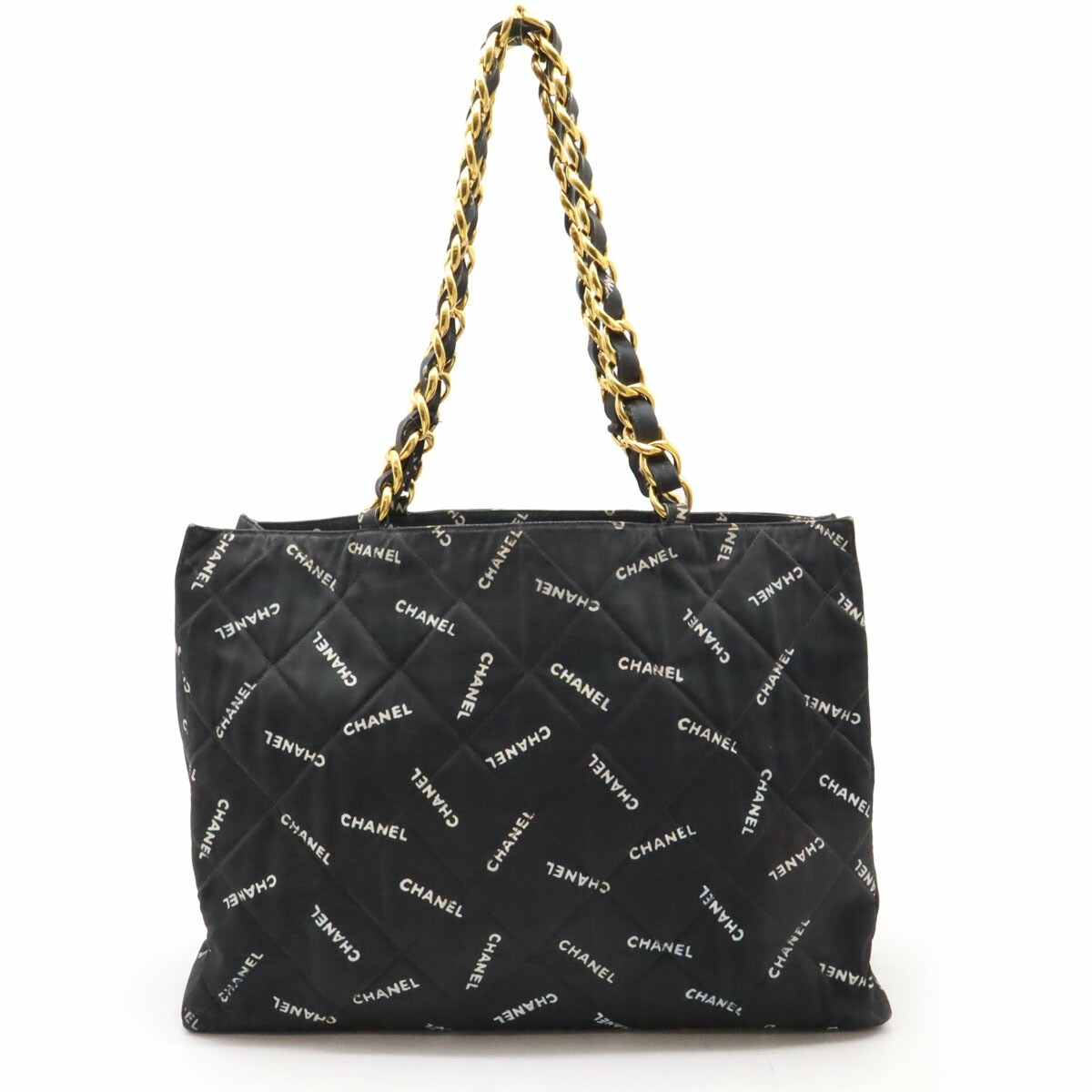 CHANEL Quilted Coated Canvas Tote Bag with Logo Chain Shoulder Strap