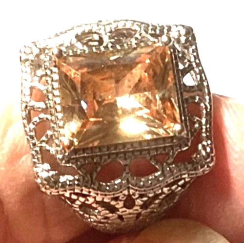 Vintage-Style Citrine Ring Sz 10 High-Set Prong Square Filigree Silver Plated