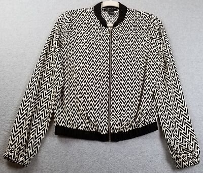 BCNU Bomber Jacket Women s Small S Black Ivory Zig Zag Long Sleeves Full Zipper