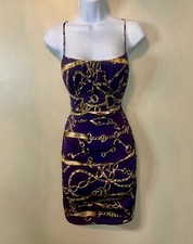 VTG BEBE 'Gucc1Girlies' Rare2FindY2K Purple/Gold Dress LightJersey Knit Rushed M