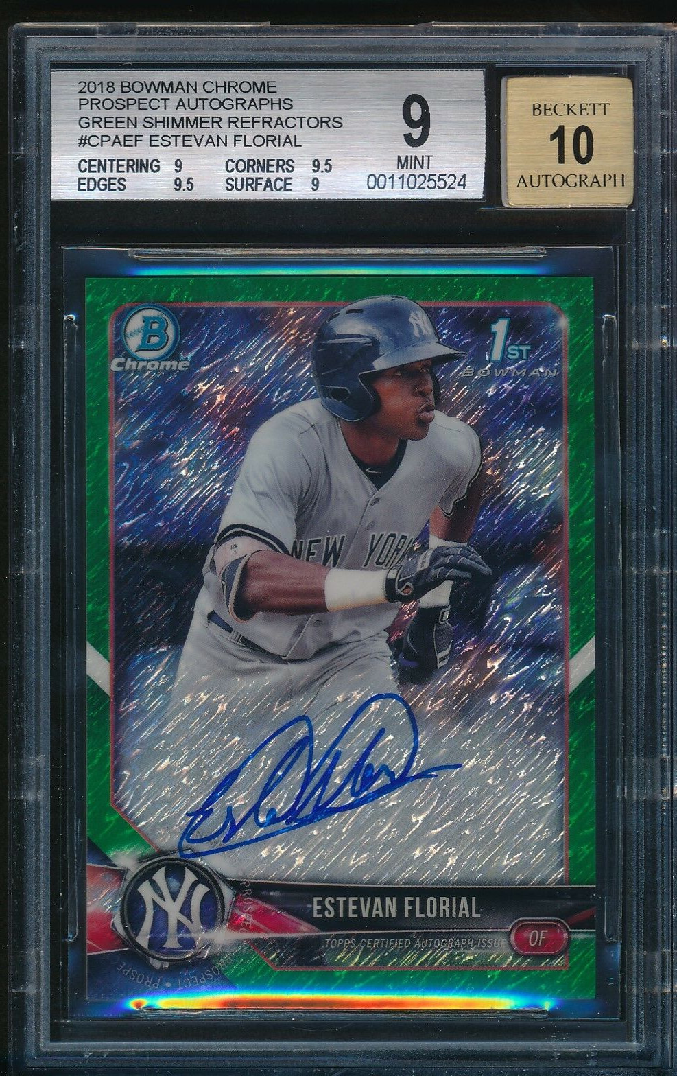 BGS 9/10 w/9.5 ESTEVAN FLORIAL AUTO 2018 Bowman Chrome GREEN REFRACTOR #/99 MINT
