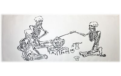 Ukiyo-e Tenugui Kawanabe Kyosai Wall Decor Hanging Skeleton Tea Ceremony