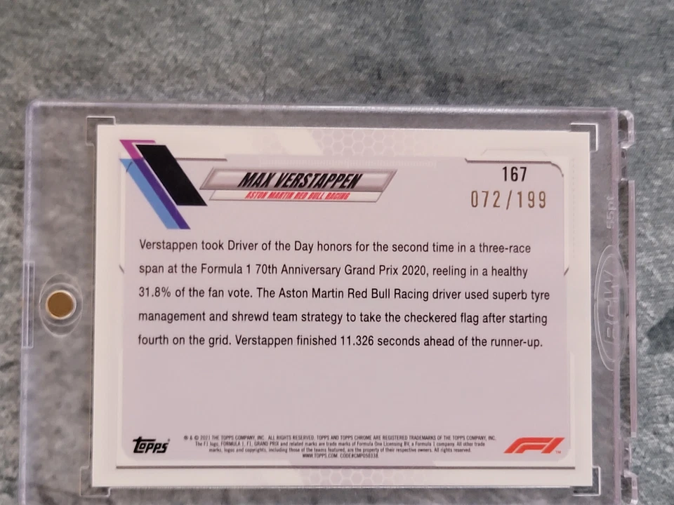 2021 TOPPS CHROME FORMULA 1 SAPPHIRE CHARTREUSE /199 MAX VERSTAPPEN #167 - Image 2 of 2