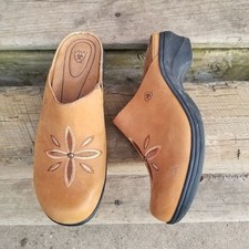 Ariat Alamosa Camel Tan Suede Leather Floral Embroidered Open Back Mules 8.5