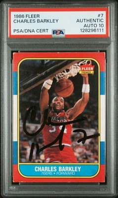CHARLES BARKLEY SIGNED 1986 FLEER ROOKIE BASKETBALL CARD 76ERS PSA